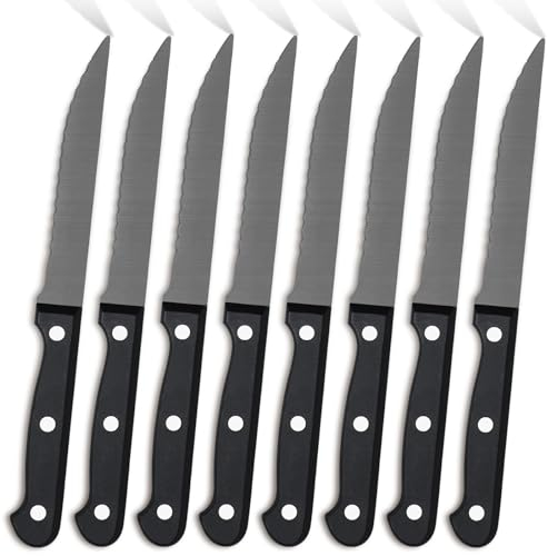 Pleafind Set de 8 Couteaux à Steak en Acier Inoxydable - Noir, Dentelés, de Table - Passe au Lave-vaisselle