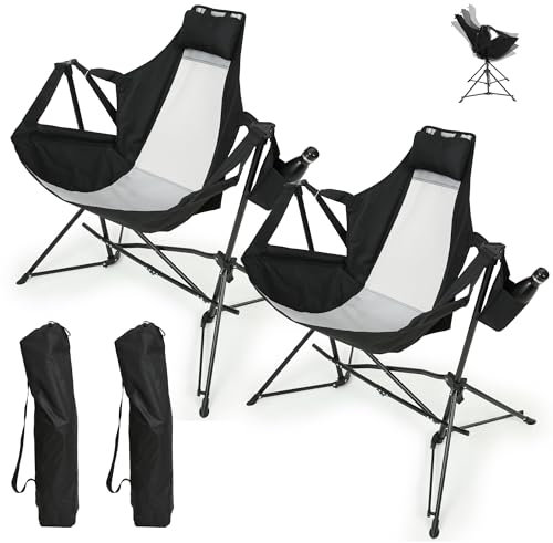 Villeston Hammock Folding Camping Chair - Outdoor Portable Swing Camp Chairs Set of 2 with Stand Adults Rocking Swinging Chair for Beach Lawn Patio (Black)