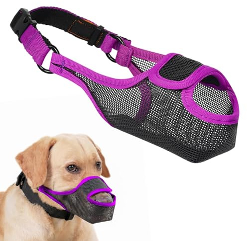 LUCKYPAW Dog Muzzle, Patented Mesh Muzzle for Large Medium Small Dogs Allows Full Pant Drinking Mouth Cover to Prevent Biting Chewing Scavenging Adjustable Breathable Mouth Guard(Purple,S)