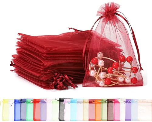 100 st vinröd organza presentpåsar, 7 x 9 cm små organza-favoritväskor, bröllop smycken påsar med dragsko, nät godis favoritväska fest söta väskor för födelsedag, bröllop, jul, presentförpackning