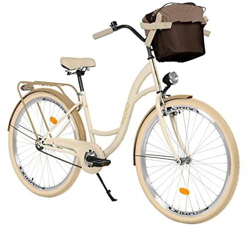 MILORD Damenfahrrad Citybike Komfort Mit Metallkorb Vintage Fahrrad, 26, 28 Zoll, 1-Gang (Creme-Braun, 28 Zoll)
