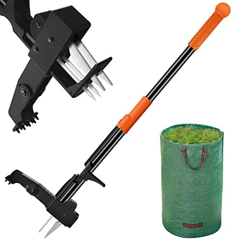 SKKAEO Extractor de malezas de 101,6 cm de Largo + Bolsa de jardín, 4 Garras de Acero Inoxidable y Base Plegable, fácil eliminación de Malas Hierbas, sin agacharse