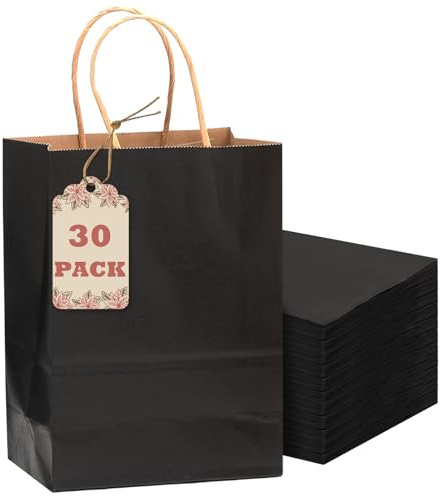 Gcardist 30-Packs schwarzes Geschenk Taschen mit Griffen Bulk 8.3x6x3.15 kleine Größe Kraftpapier Taschen mehrere Verwendungen (15x8x21, kleine Größe)