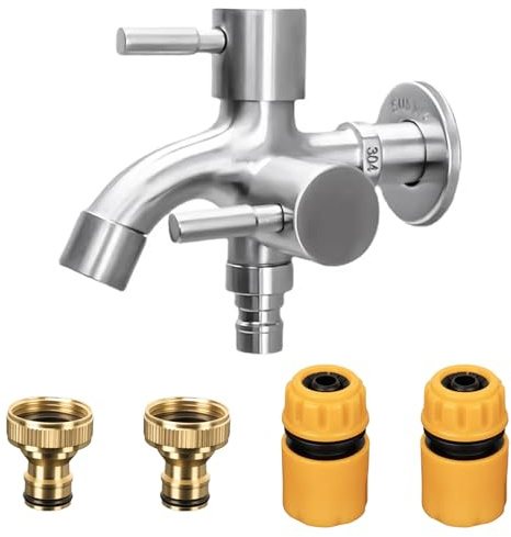 Garten Wasserhahn Universal Doppel Auslaufhahn 1/2 Zoll,aus Messing Rost-und Frostsicher, mit 2 x Schlauchanschlüsse,1x Rollendichtband,für Waschmaschine, Garten, Küche, Bad