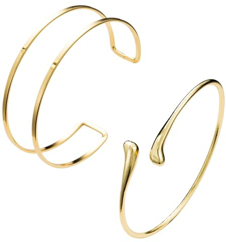 PZKQSAC 2Pcs Gold Arm Cuff Jewelry for Women Upper Arm Bracelet Bangle Open Adjustable Cuff Bracelet Minimalist Armband Stackable Jewelry for Summer Beach