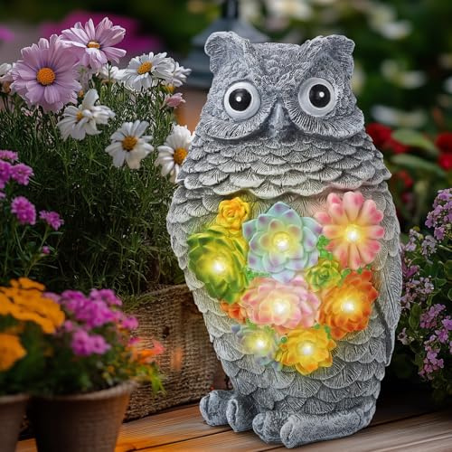 Cuteefun Búho Solar Jardín Estatua Ornamento al Aire Libre, Figuras de Animales de Jardín con Luz Solar, Resistente a la Intemperie Durable para Yard Lawn, Regalos de Cumpleaños para Mujeres