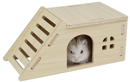 LuckyOpt Wooden Hamster House, Hamster Hide with Ramp, DIY Hamsters Hideout for Hamsters, Mice, Gerbils Playing Resting Hiding (A)