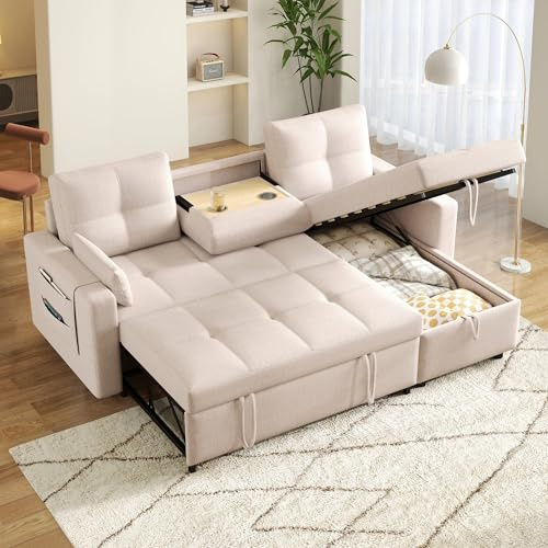 Wyibwy Sofá de 3 plazas con función cama, sofá esquinero en forma de L con cama extraíble y portavasos plegable, sofá convertible con compartimento contenedor, sofá modular, sofás de 3 plazas, lino