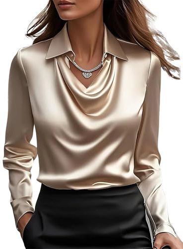 LLECDASEUI Chemisier en Satin élégant à col bénitier pour Femmes, Chemise de Travail de Bureau à Manches Longues, Haut en Soie (Champagne,Grand)