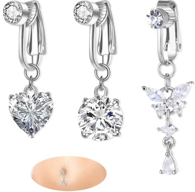YZROHYI 3 Pezzi Piercing Finto per Ombelico, Clip Pendente in Acciaio Chirurgico, Gioielleria Anallergica per Donna