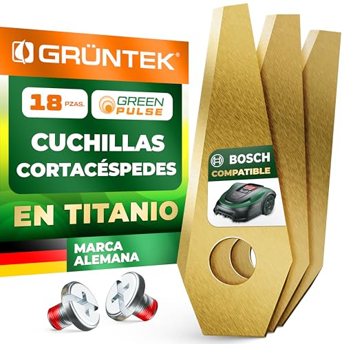GRÜNTEK Mähroboter Klingen 18x kompatibel mit BOSCH – Ersatzmesser Edelstahl TiN beschichtet | Rasenroboter Messer inkl. Schrauben | Rostfrei & Langlebig für gesunden Rasen