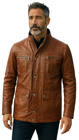Infinity Leather Chaqueta safari militar Parker de piel de cordero auténtica color canela para hombre, abrigo tipo gabardina cortavientos