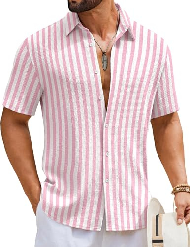 COOFANDY Chemise à manches courtes rayée pour homme - Chemise d'été texturée à manches courtes - Chemise de loisirs légère pour les vacances, la plage et le style décontracté