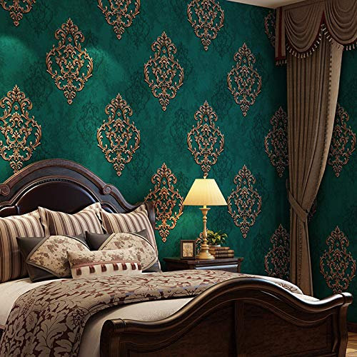 10X0.53M 3D Vintage Elegant Gold Damask 5 Colors Embossed Textured Non-Woven Wallpaper Roll for Bedroom Livingroom 1.73' W x 32.8' L=5.3㎡ (57sq.ft) (Emerald)