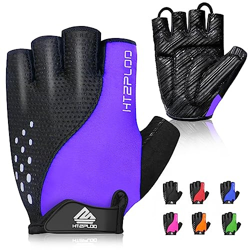 HTZPLOO Bike Gloves for Men & Women - Cycling & Biking Gloves with Anti-Slip, Shock-Absorbing Pad, Light Weight, Nice Fit, Half Finger - Deep Purple, Medium