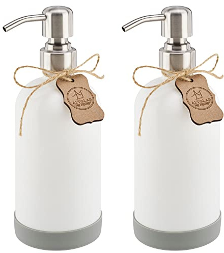 ALTGLAS Dispenser di Sapone Liquido 'Sarajevo' da Bottiglia di Vetro Bianco con Sottobicchiere in Silicone e Pompa in Acciaio Inox in Colore Argento Spazzolato (2 pezzi da 500 ml)