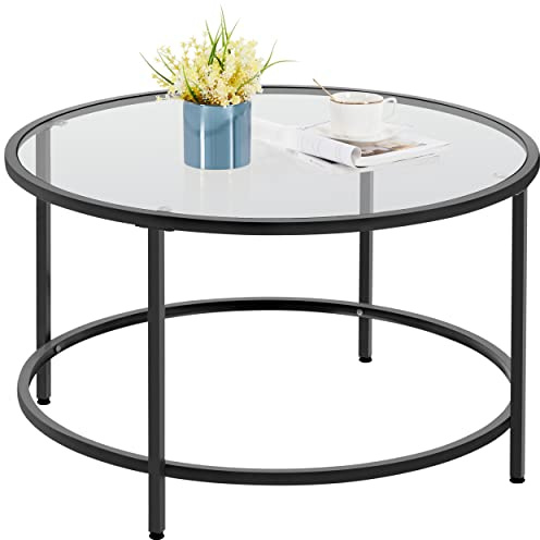 Yaheetech Round Coffee Table with Sturdy Metal Frame, Glass Coffee Table for Living Room, Modern Sofa End Table, Black