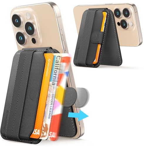 Sinjimoru Magnetischer Kartenhalter mit Auswurffunktion, Handybrieftasche für MagSafe mit Ständer, kompatibel mit iPhone 17 16 15 14 13 Serie. M-Pull Tab Stand Schwarz