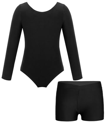 JanJean Kinder Mädchen Turnanzug Langarm Ballettbody mit Sport Shorts Ballettanzug Turnbody Sport Trikotanzug Gymnastik Trikot Leotards Tanzanzug Schwarz 152-158