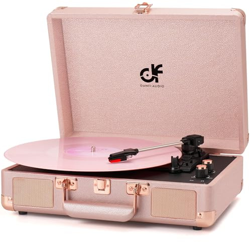 Vinyl Record Player 3-Speed Portable Suitcase Record Player with Built-in Speakers, Headphone Jack, RCA-Out/AUX-in, Vintage Belt-Driven Turntable, Pink & Rose Gold