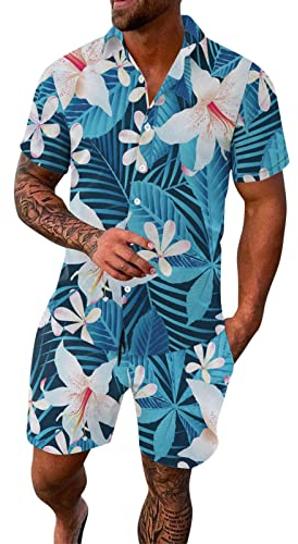 2-teiliger Freizeitanzug für Herren, Freizeitanzug für Frühling und Sommer, Freizeit, Sport, Hawaii, Strand, Wind, tropische Blumen, kurzärmeliges Hemd, Business-Kleidung für Herren, blau, M