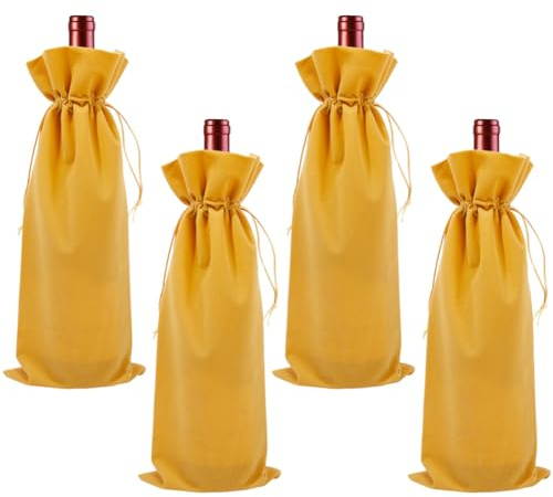 Beebeecraft 4Pcs Double Drawstring Wine Bottle Bags Velvet Wine Champagne Wrapping Bag Gold Reusable Gift Packing Pouches 14.76x5.98in for Birthday Dinner Wedding Party