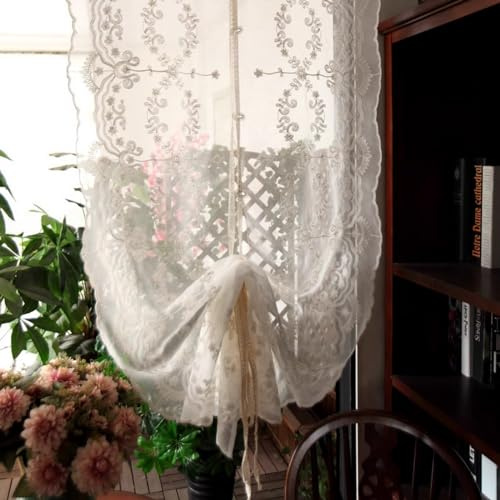 A.Monamour Rideau de Cuisine Court Petit Fenêtre Voile Blanc Transparent Brodé en Dentelle Rideau À Nouer Rideau De Ballon Stores Romains Rideau Brise-bise Rideaux à Disques Passe-Tringle, 1 Pièce