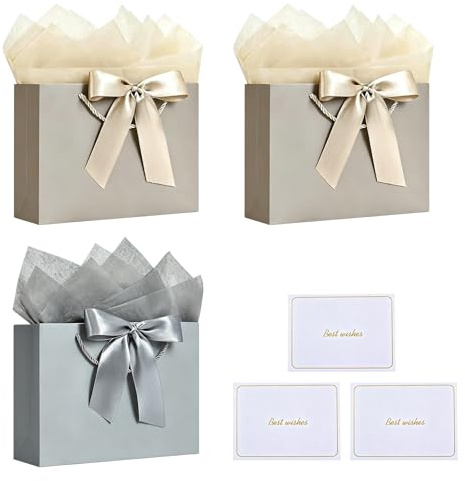 Set di 3 Sacchetti Regalo di Carta Medi,Colori Argento & Champagne con Carta Velina, Nastro e Biglietti di Auguri | Robusti, Riutilizzabili,Ideali per Compleanno, Matrimonio, Baby Shower e Feste