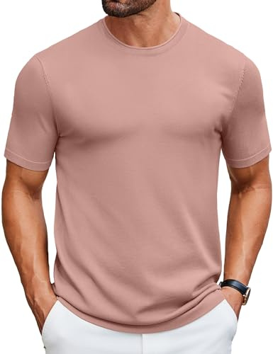 COOFANDY Magliette da uomo in maglia girocollo a maniche corte in tinta unita magliette estive magliette pullover di base, Rosa chiaro, M