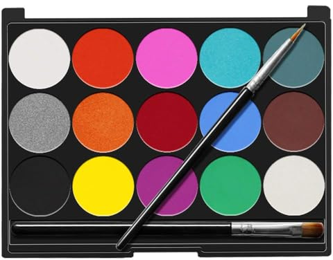 Senbos Peinture Corporelle pour Le Visage, 15 Couleurs Sûr Non Toxique Palette de Maquillage pour Enfants et Adultes, Lavable Maquillage Kit avec 2 Pinceaux pour Halloween, Fête, Cosplay et Carnaval