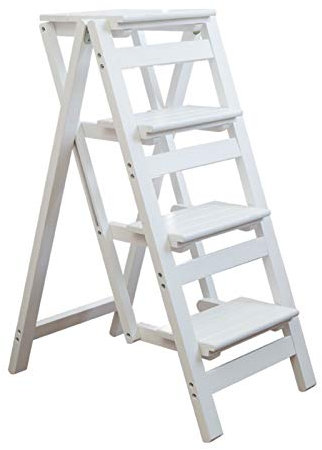 Tabouret échelle pliable en bois avec 4 marches et étagère, tabouret haut portable multifonction pour la maison, la cuisine, chaises escabeau pliables (blanc)