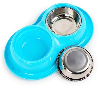 Mikikit Comedero Doble para Perros y Mascotas, Tazón de Acero Inoxidable, Previene Insectos y Mantiene Limpia el Área de Alimentación