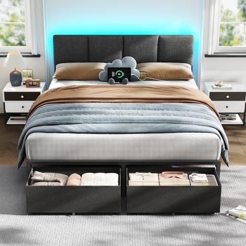 Furnulem Queen Bed Frame with Adjustable Headboard, Upholstered Bed with 2 Storage Drawers, Built-in USB Charging Station & LED Lights, Platform Bedframe with Metal Slats, No Spring Box Needed, Grey