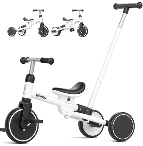 KORIMEFA Tricycle for 1-3 Years Old, 5 in 1 Balance Bike with Push Handle, Adjustable Seat, Removable Pedals, Toddler Trike for Boy & Girl, White