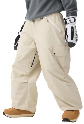 GSOU SNOW Mens Ski Trousers Baggy Snowboard Trousers Oversized Snow Pants - Unisex Multi Pockets Waterproof Windproof Breathable Warm Beige