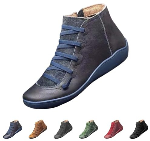 Botines de mujer para otoño e invierno - Botas con cordones con cremallera de cuero PU Botas cómodas antideslizantes de invierno impermeables zapatos de tobillo, botas ortopédicas para motorista, azul
