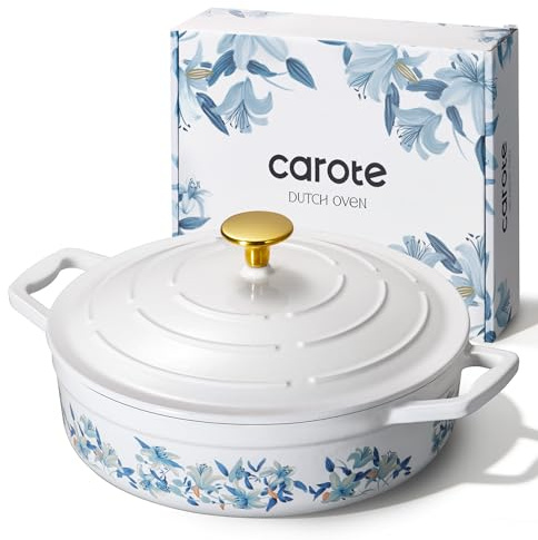 CAROTE 3.5QT Shallow Dutch Oven, Enameled Flora Cast Iron Braiser Pan Casserole Skillets with Lid, Versatile Heavy-Duty Cookware for Sourdough Bread Baking, Braising, Stews, Roasting, All Stovetop Compatible, Oven Safe up to 500° F, White & Blue