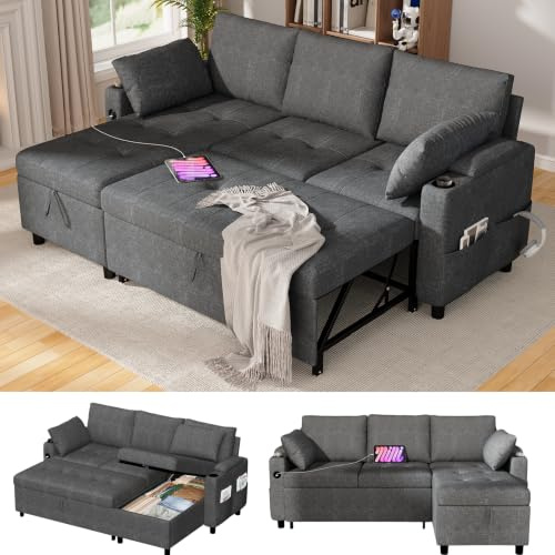 YODOLLA Corner Sofa Bed with Storage, L Shape Sofa Bed, Reversible 188cm | Dark Grey, Quick-Convert Sofa Bed with Reversible Chaise, USB-C Port & Cup Holders,Hidden Storage, Side Pockets