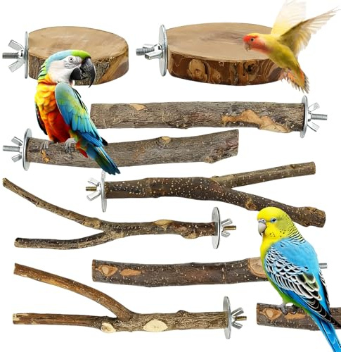 8 Pcs Bird Perches for Cage, Natural Wood Bird Perch Stand Multi-Branch Parrot Perch Platform for Parrotlets Cockatiels Conures