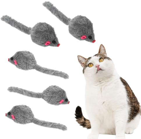 RAHHLIZS 5Pcs Cat Mouse Toys with Rattle, Realistic Grey Fur Cat Mice Toys for Indoor Cats, Soft Plush Cat Toy Mice Set - Interactive Kitty Toys for Pouncing and Chasing