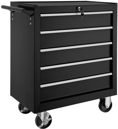 tectake® Chariot d'atelier Metallique Servante d'atelier Vide Trolley Professionnel 5 Tiroirs spacieux Verrouillables Chariot a Roulette pour Rangement Atelier Garage - Noir