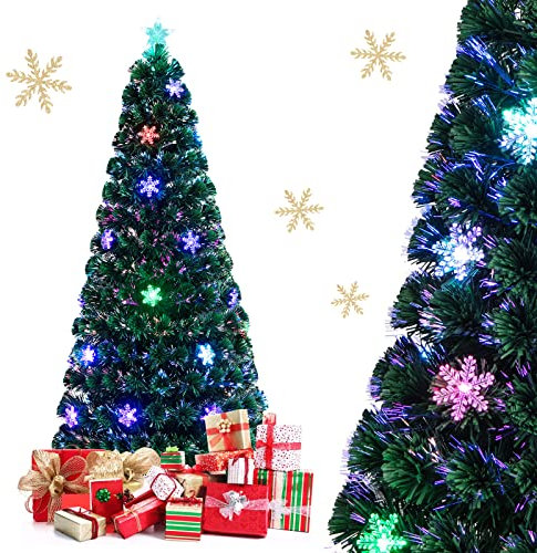 COSTWAY 180cm LED Künstlicher Weihnachtsbaum mit Glasfaser-Farbwechsler und Sternspitze, Tannenbaum PVC Nadeln, Christbaum ideal für Zuhause, Büro, Geschäfte und Hotels, Grün (180cm)
