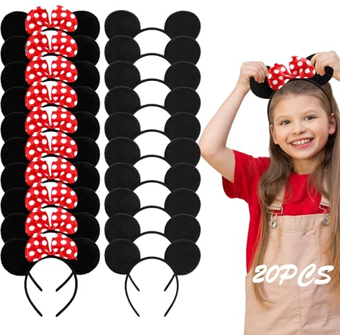 Lucky Will 20 Pack Mouse Ears Headband Classic Solid Black and Red Bow Ears Headbands Bulk for Kids and Adults - Boys & Girls Mouse Themed Birthday Party Supplies