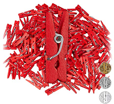 Relaxdays Holzklammern Mini, 144er Set, Hochzeiten, Feiern, Fotos aufhängen, Geschenke verzieren, basteln, DIY, rot