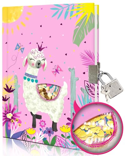 Alpacka Hemlig Dagbok med Lås för Flickor, Skakbara Glitter Anteckningsbok 7x5.2 Inch Flickdagbok Barndagbok Gåvor för Flickor | Alpacka dagbok med skakbara paljetter 17,8 x 13 cm anteckningsbok barn dagböcker för skola skriva presenter till flickor