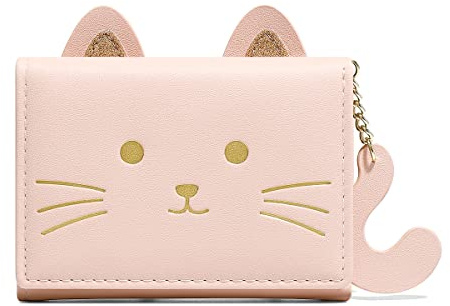 Sunwel Fashion Girls Cute 3D Cat Face Glitter Ears Wallet with Tail Tri-folded Wallet ID Card Case with Zipper Pocket (PINK, CAT)
