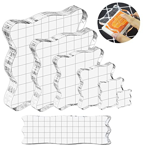 SAMSYOKI 7PCS Bloque Estampación Sellos, Bloques Acrilico para Sellos Transparentes con Líneas de Cuadrícu, Bloques Estampación de Acrílico para Manualidades de álbum Recortes Tarjetas Ondulado