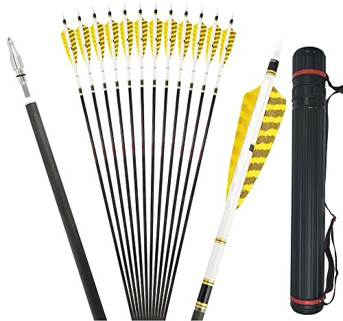 ZSHJGJR 32 Zoll Carbonpfeile für Bogenschießen Spine 250-600 12/6 pcs Bogenpfeile mit 4 natürliche Feder Pfeile für Sportbogen Recurvebogen und Compoundbogen (Spine 450, 12p+Köcher)