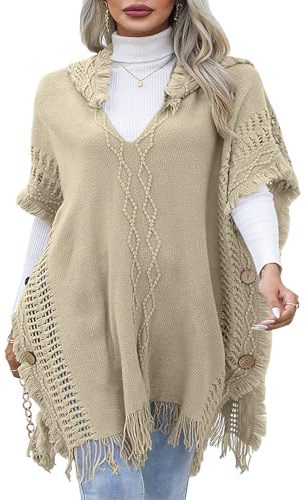 JFAN Poncho para Mujer Invierno Capas de Punto con Capucha y Botones Ponchos con Borlas