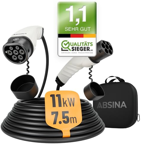 ABSINA Typ 2 Ladekabel 11kW & 16A für Hybrid & Elektroauto - 7,5 Meter Typ 2 Ladekabel 3 phasig - Mode 3 Ladekabel - Kompatibel mit Model 3, e-Up, ID.3, Zoe, EQ fortwo, Kona Elektro, ID.4 UVM